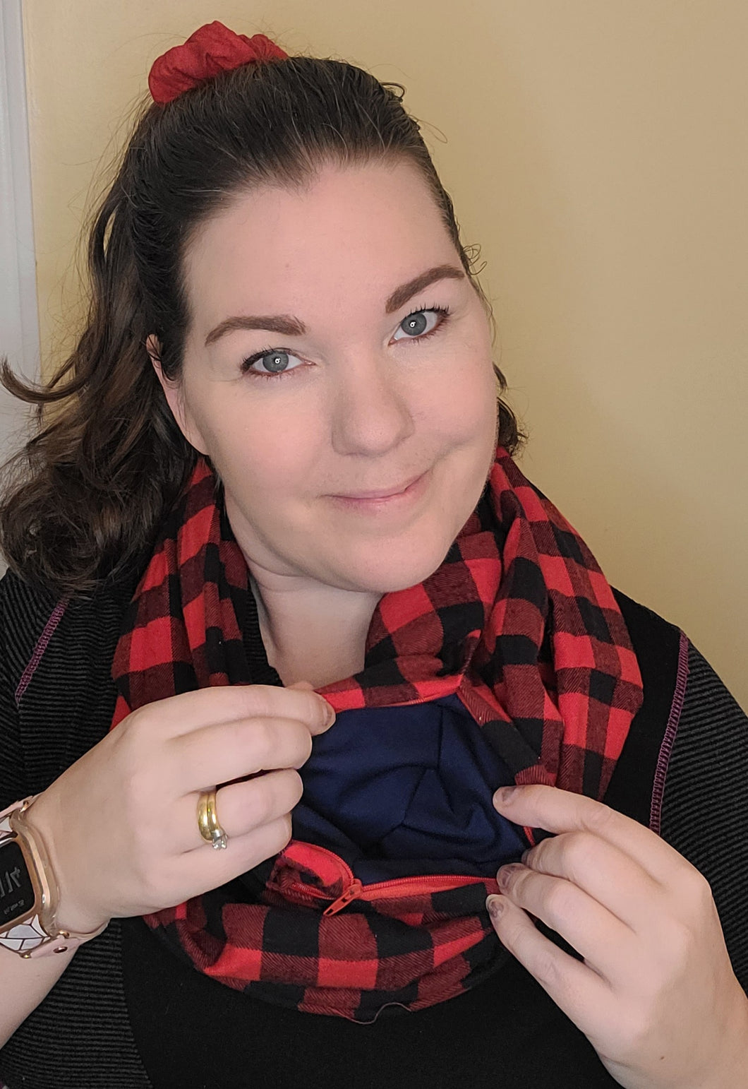 Red Buffalo Plaid Infinity Scarf with Pocket
